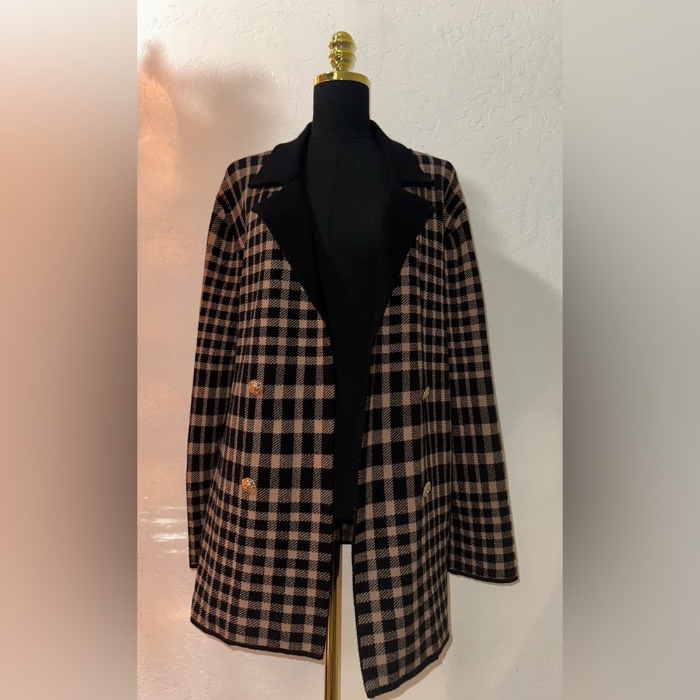 Anne Klein Black & Brown Checked Double-Breasted Pea Coat